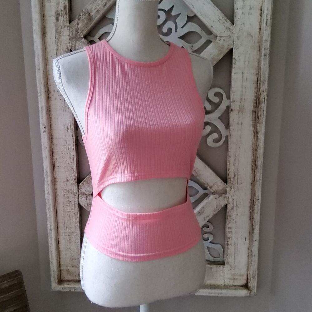 BP Nordstrom Pink Ribbed Cutout Sleeveless Crop Tank Top Juniors S NWT